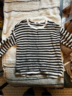 LOFT Black and White Striped Crewneck Sweater
